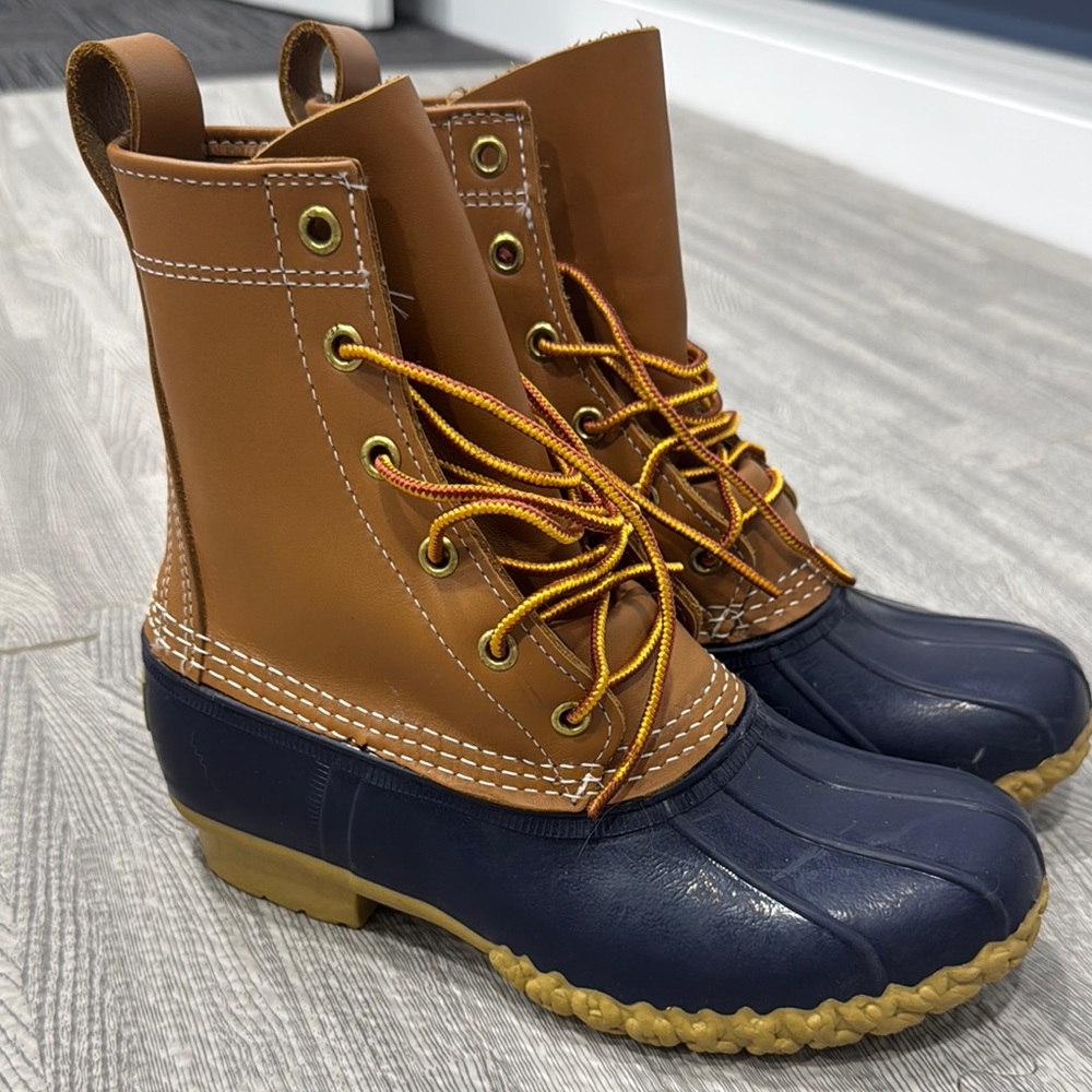 L.L. Bean Tan and Navy Bean Boots